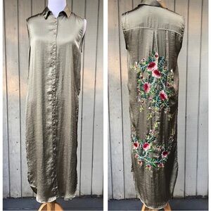 Zara Roses Embroidered Olive Satin Sleeveless Button Down Shirt Dress Midi XS